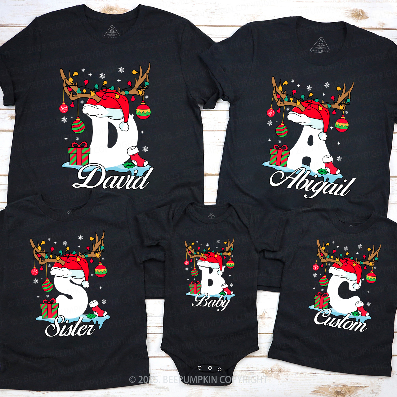 Personalized Antlered Alphabet Joy Christmas Family Matching T-Shirts Beepumpkin