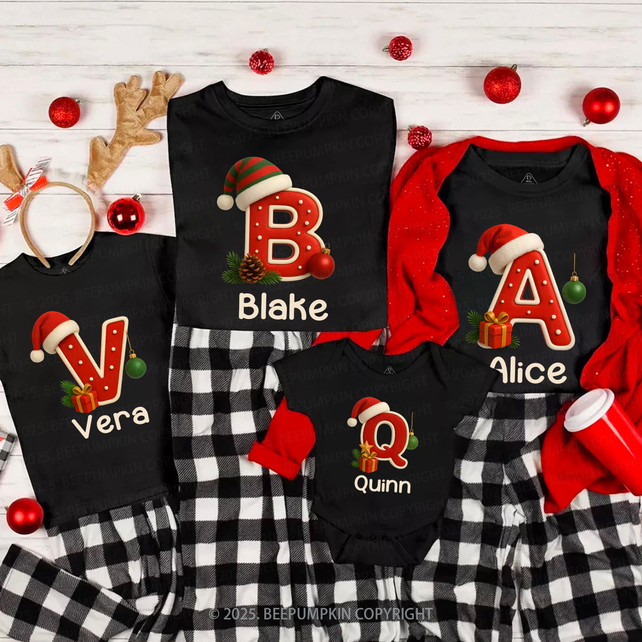 Personalized Santa Hat & Gift Alphabet Christmas Family Matching T-Shirts Beepumpkin