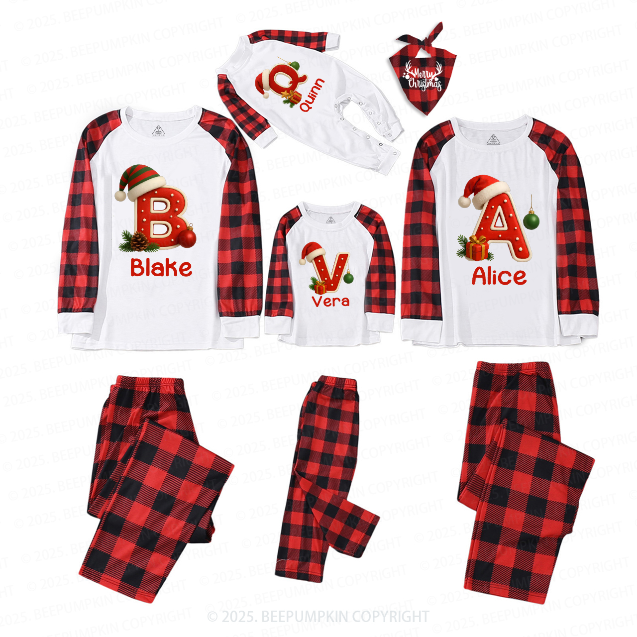 Personalized Santa Hat & Gift Alphabet Christmas Family Matching Pajamas