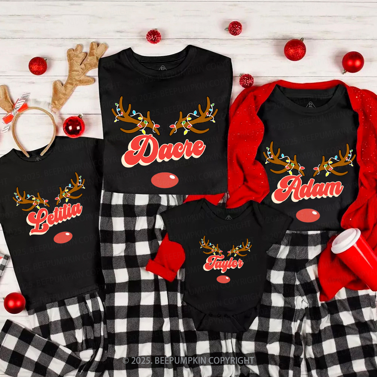 Personalized Antlers Name Christmas Family Matching T-Shirts Beepumpkin
