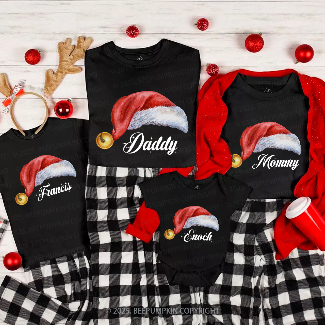 Personalized Watercolor Santa Hat Christmas Family Matching T-Shirts Beepumpkin