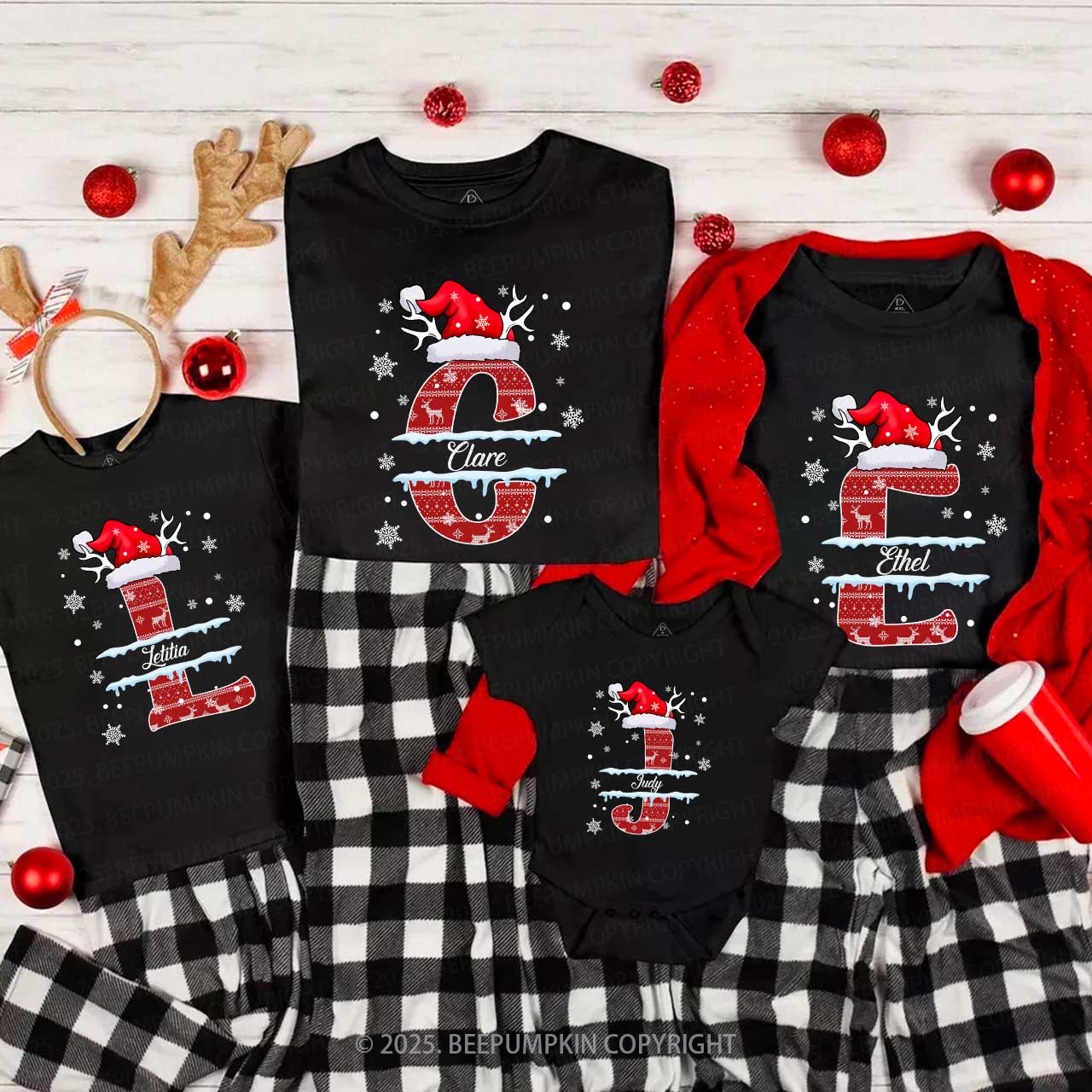 Personalized Christmas Red Elk Snowflakes Name Family Matching T-Shirts Beepumpkin
