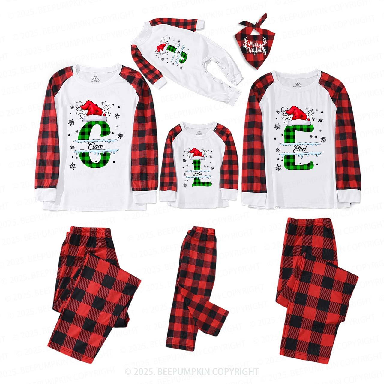 Personalized Christmas Green & White Plaid Snowflakes Name Family Matching Pajamas