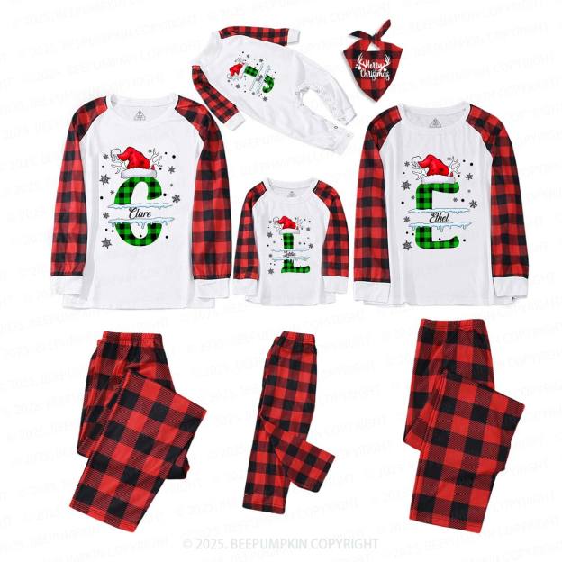 Personalized Christmas Green & White Plaid Snowflakes Name Family Matching Pajamas