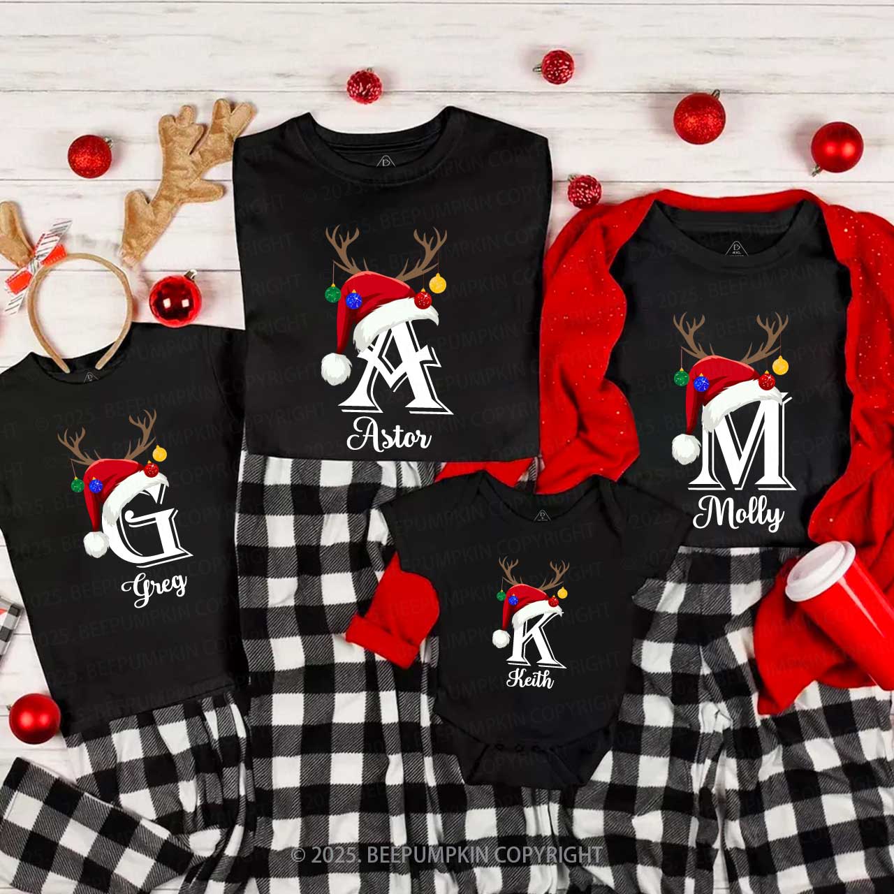 Personalized Name Santa Hat Family Matching T-Shirts Beepumpkin