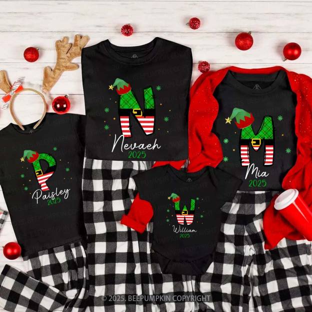 Personalized Elf Letter Christmas Family Matching T-Shirts Beepumpkin