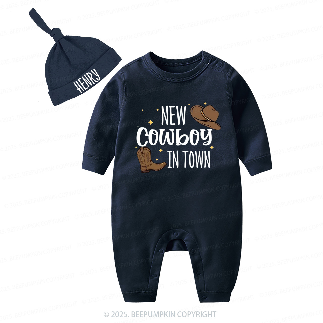 2 Pieces Personalized New Cowboy In Town Baby Romper With Hat
