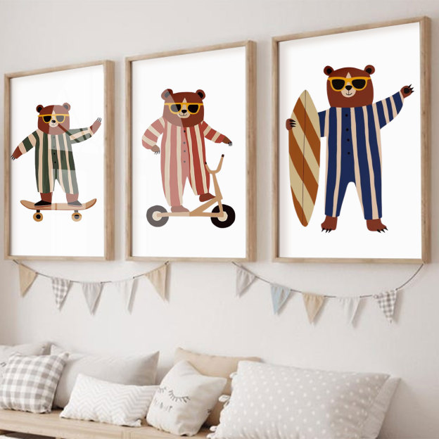 Retro Skater Scooter Surfer Bear Set Digital Nursery Wall Art
