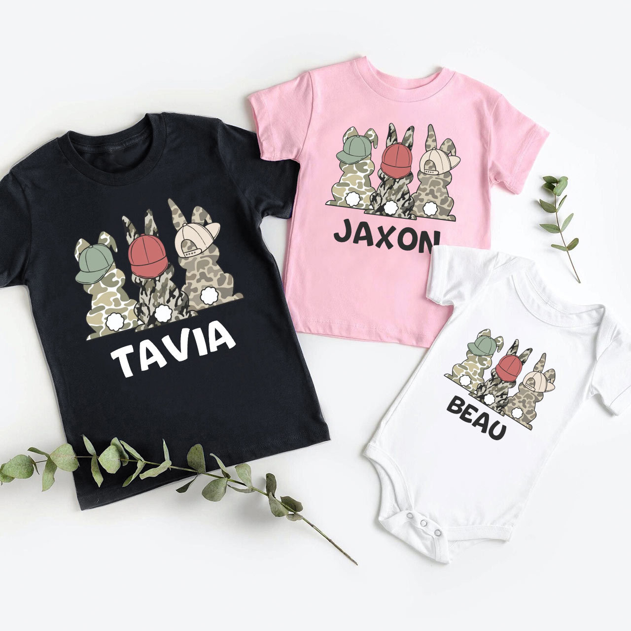 Personalized Camo Easter Bunny Matching Tees For Siblings