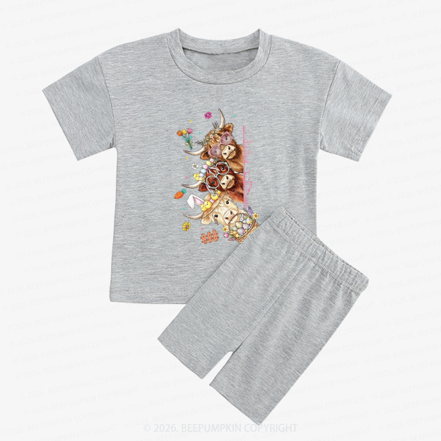 Easter Day Highland Cow&Bunny Kids Biker Shorts&Tee