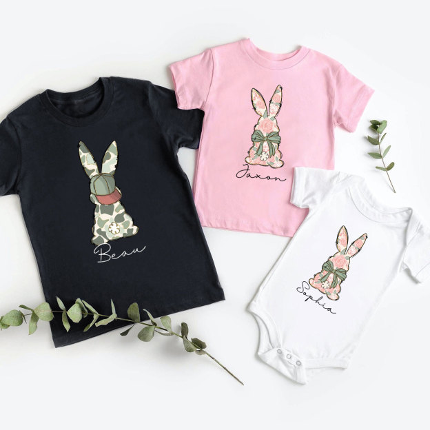 Personalized Floral Easter Bunny Matching Tees For Siblings
