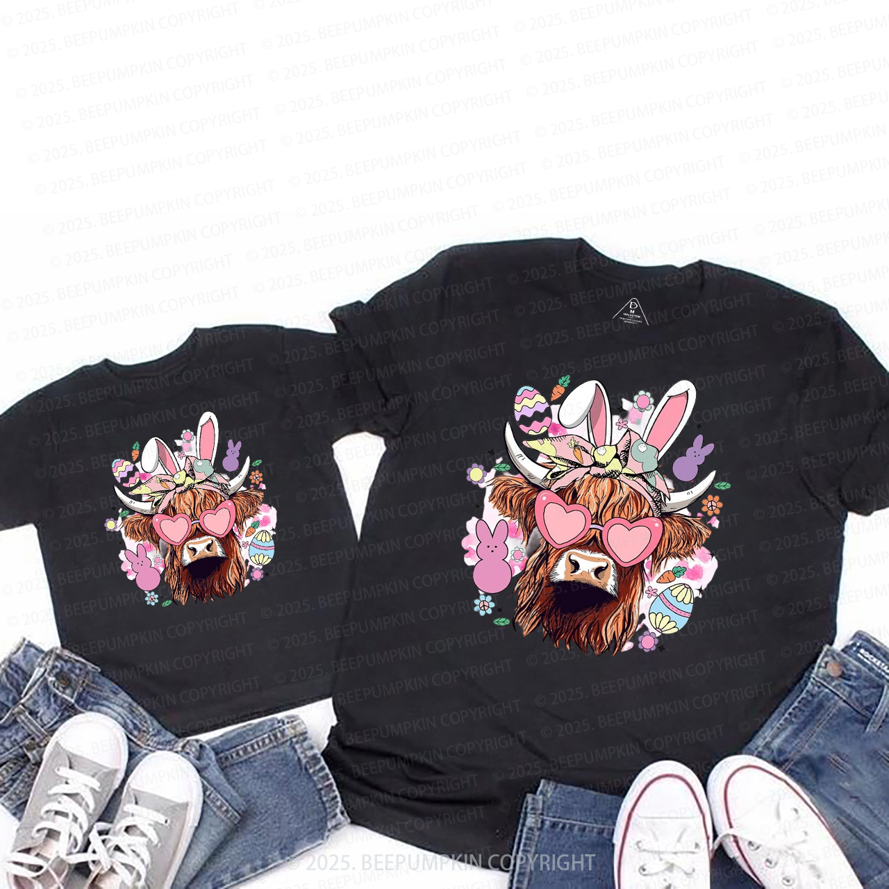 Easter Cute Highland Cow Mom&Me Matching Tees
