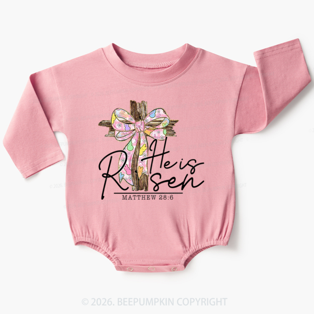 He Is Risen Easter Coquette Bow Baby Bubble Romper