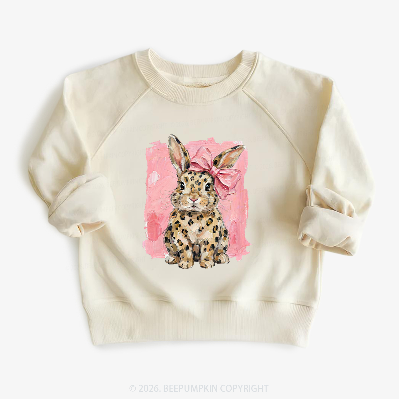 Oil Paint Leopard & Pink Bow Coquette Bunny Kid's Sweatshirt
