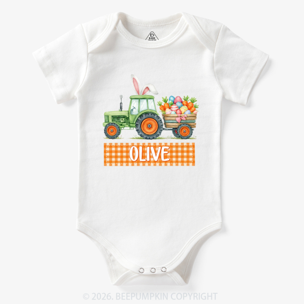 Personalized Name Easter Tractor Farm Bodysuit