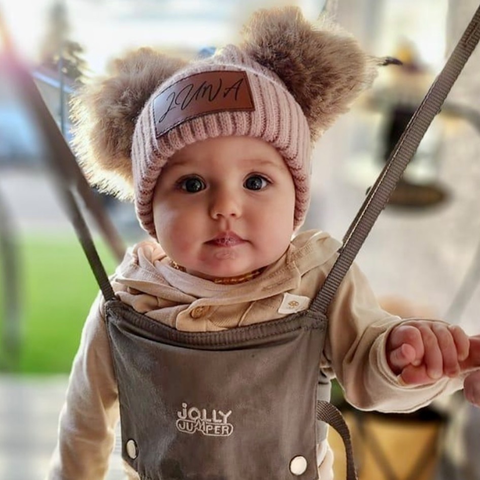 4 Colors Personalized Leather Patch Double PomPom Winter Hat