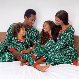 Image of Green Christmas Tree Print Pajamas For Family Members