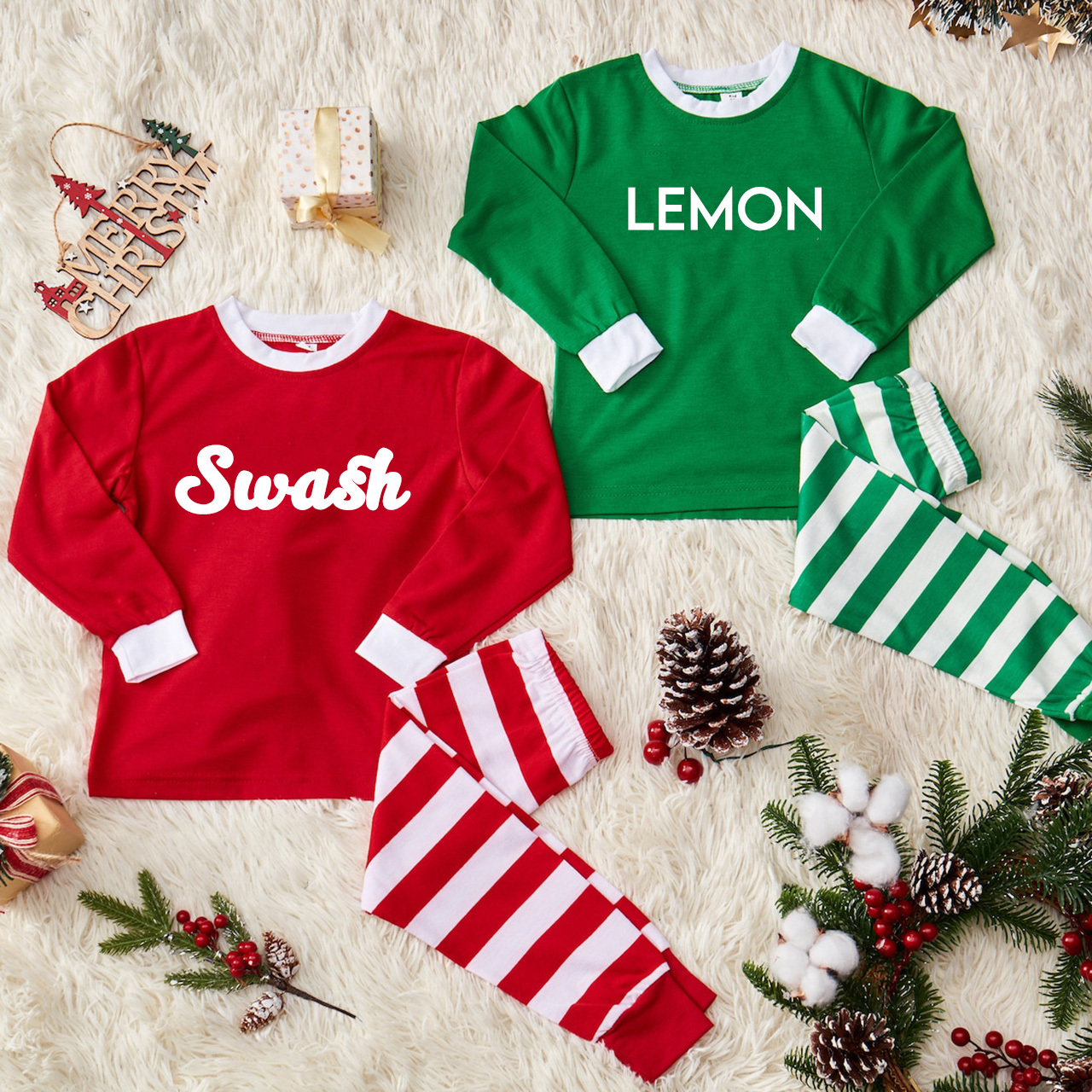 Personalized Matching Striped Xmas Pajamas For Kids