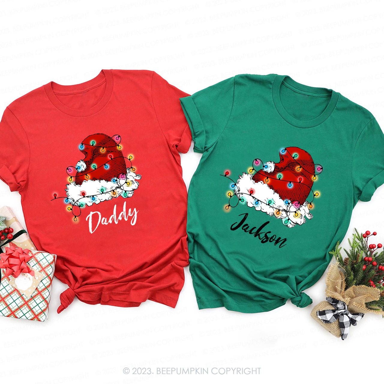 Personalized Merry Christmas Lantern Hat Matching Tees For Family Beepumpkin