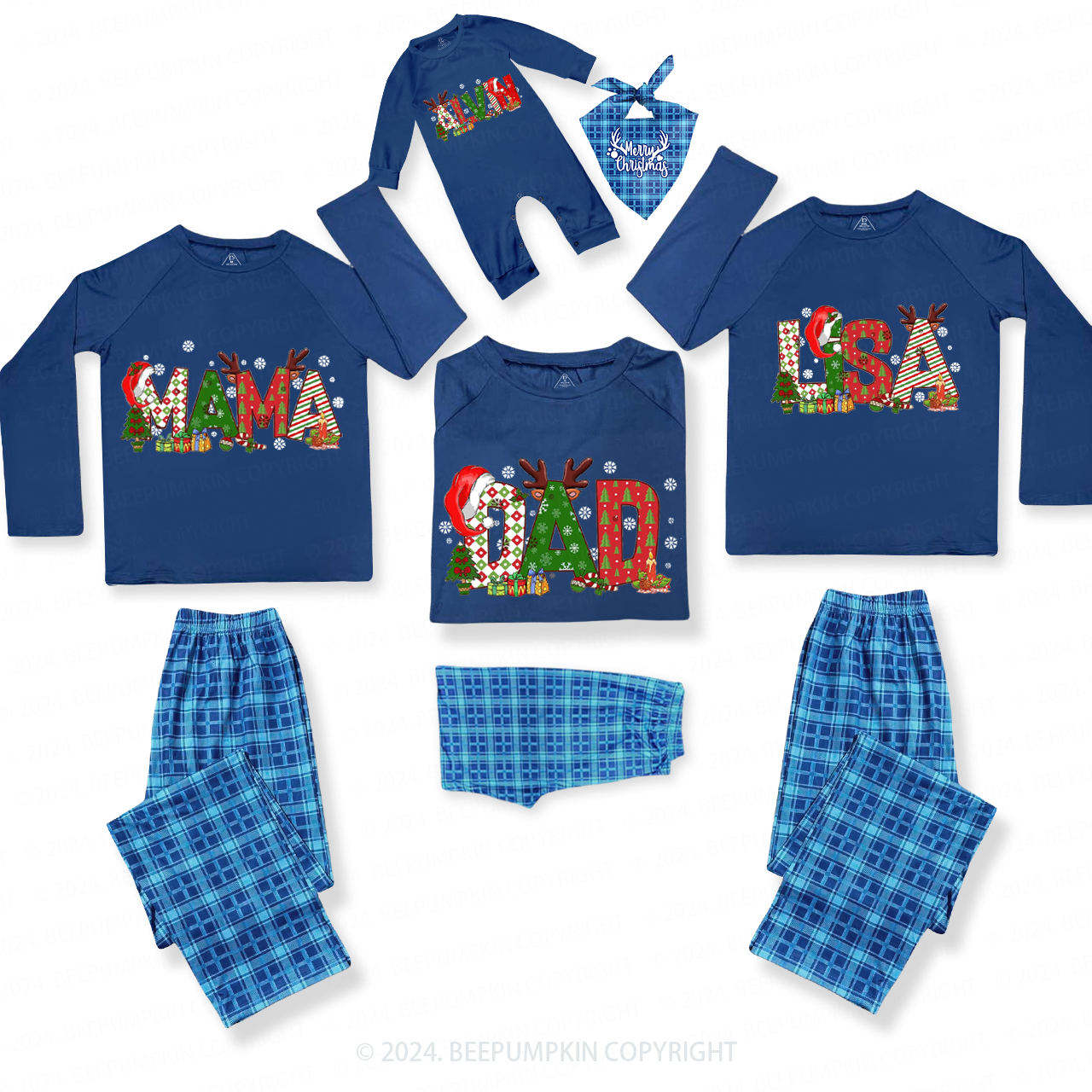 Personalized Color Christmas Nam Family Matching Blue Pajamas Beepumpkin