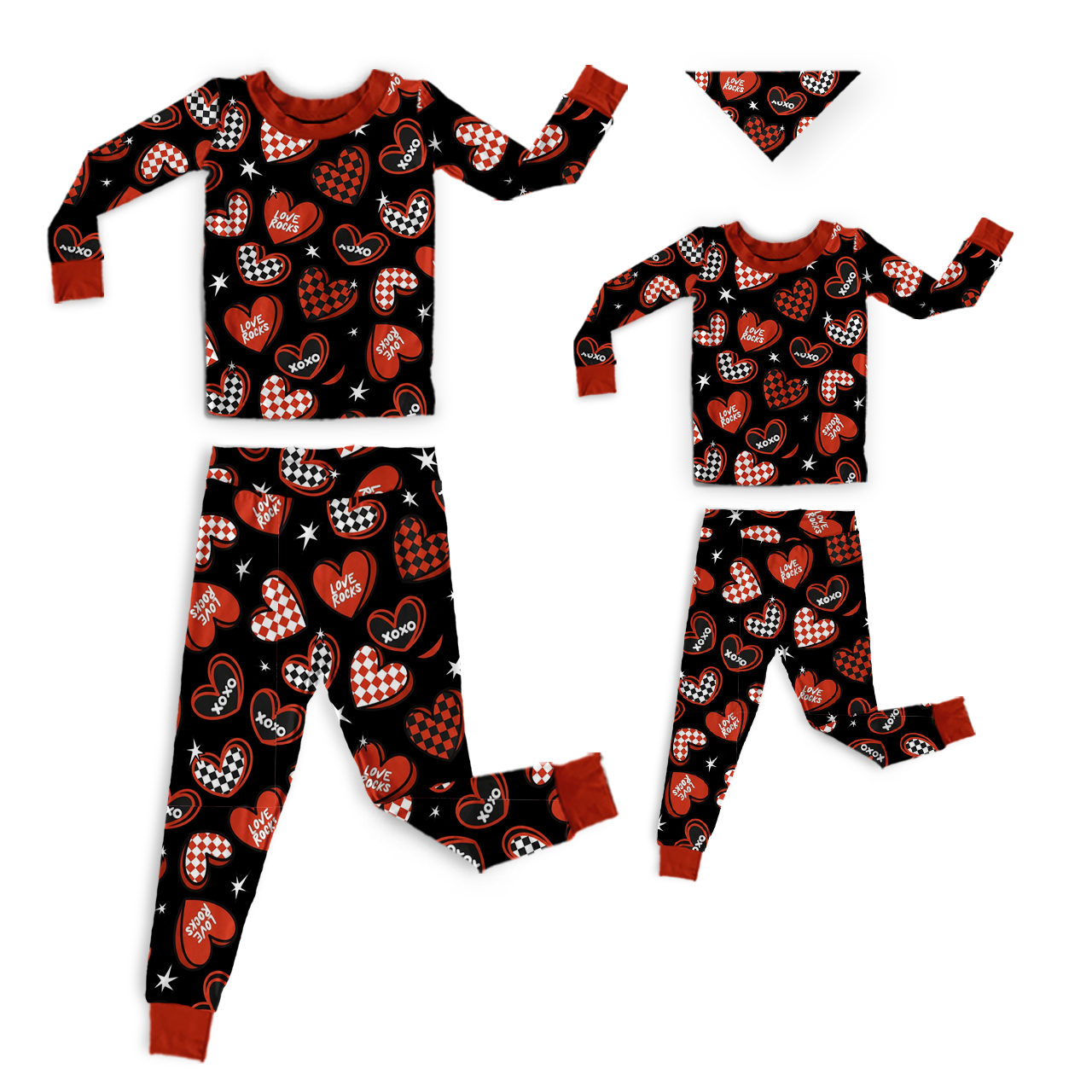 Rock & Love Hearts Black All-Over Print Mom&Me Cuffed Pajama Sets