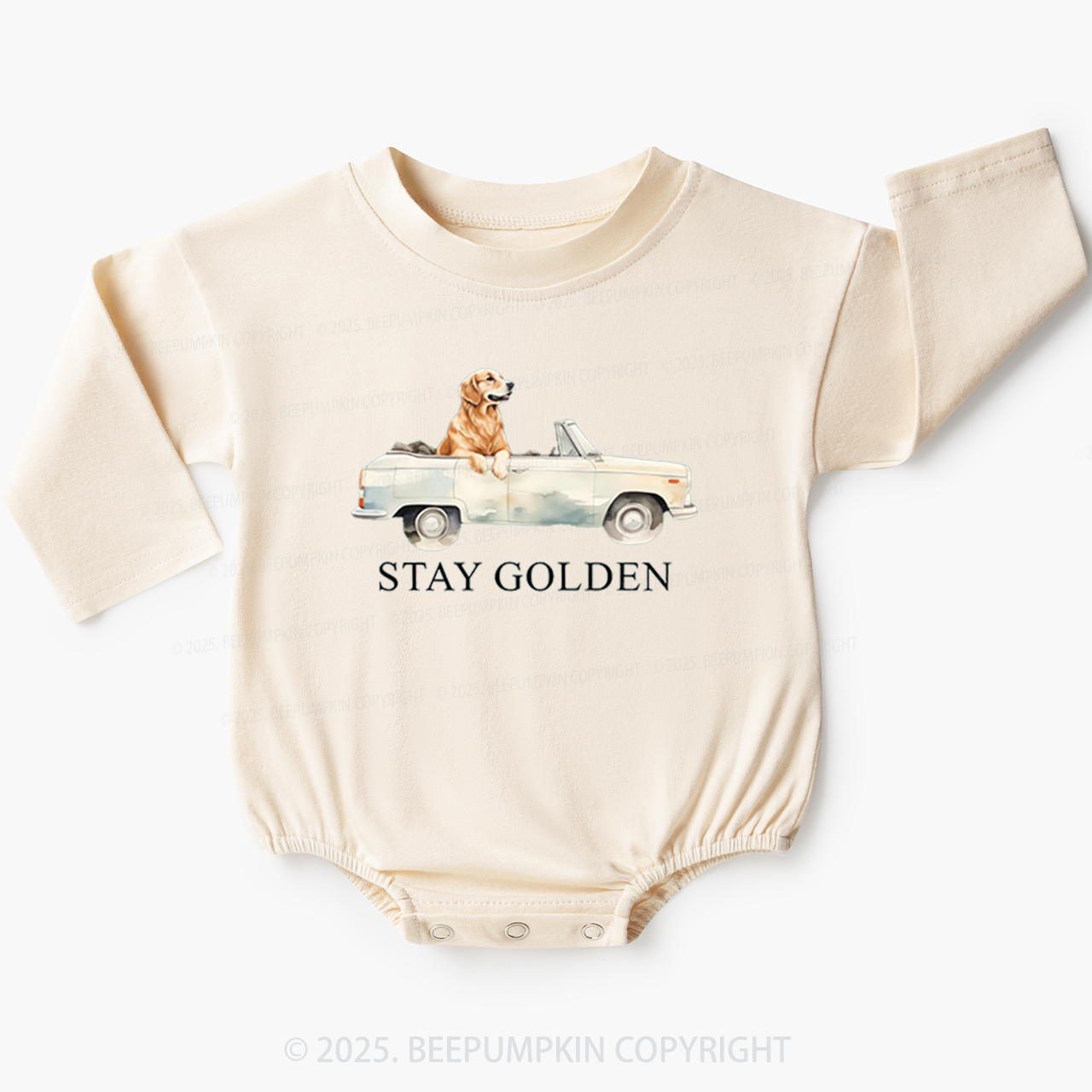 Vintage Golden Car and Golden Retriever Baby Bubble Romper Beepumpkin