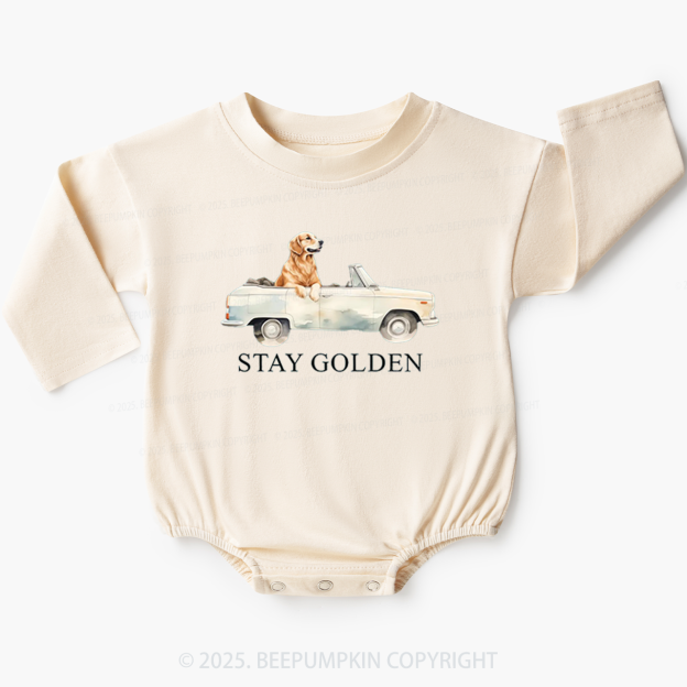 Vintage Golden Car and Golden Retriever Baby Bubble Romper Beepumpkin