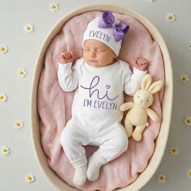 2 Pieces Purple Personalized Hi I'm xxx Bodysuit & Bow Hat Set Beepumpkin