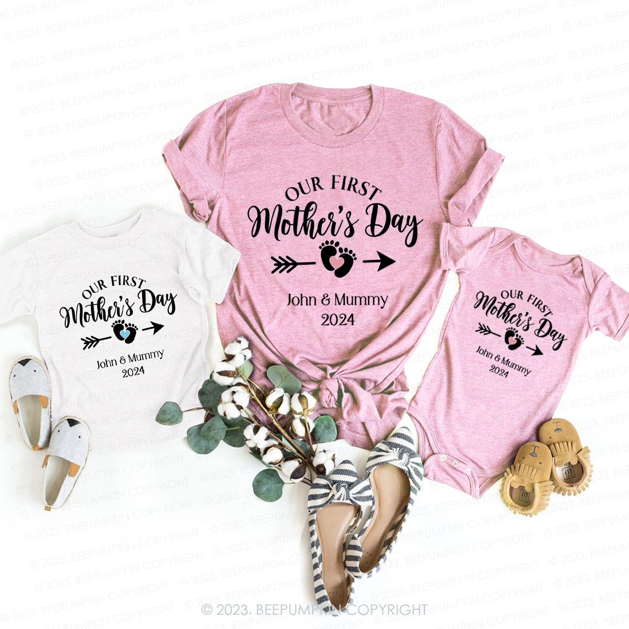 Personalized Mothers Day Footprint T-Shirts For Mom&Me