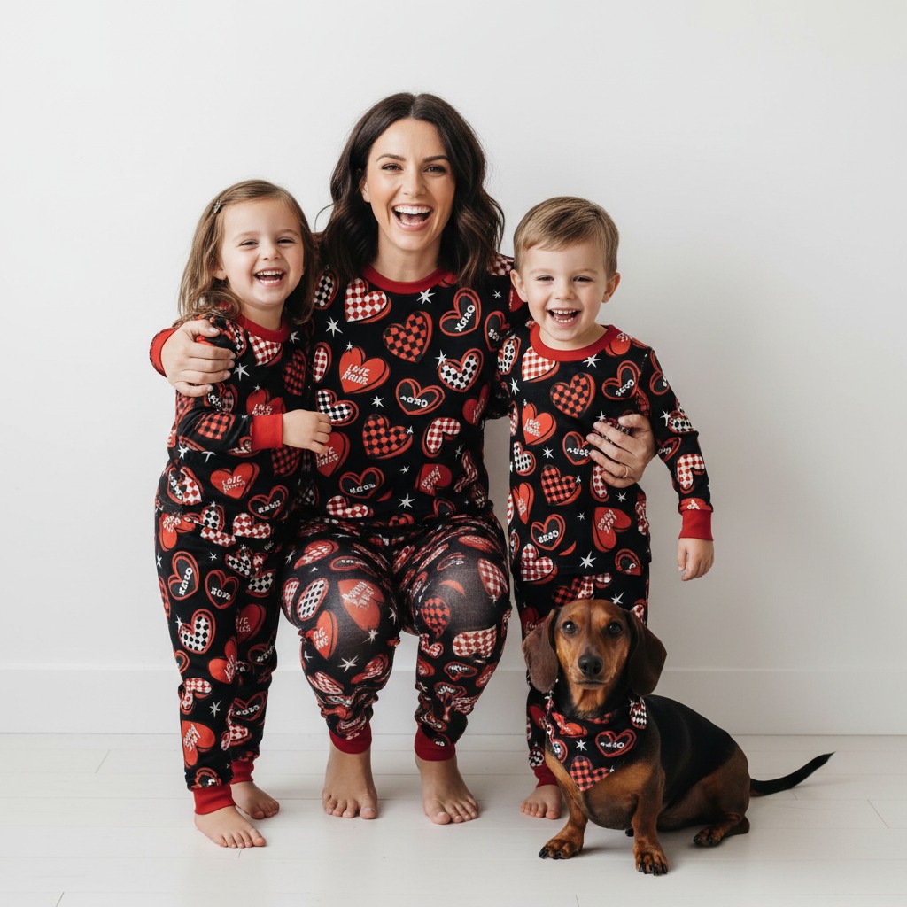 Rock & Love Hearts Black All-Over Print Mom&Me Cuffed Pajama Sets