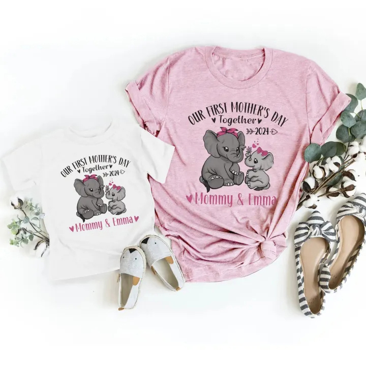 Personalized Elephant Mother's Day Gift T-Shirts For Mom & Kids