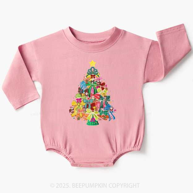 Colorful Coquette Christmas Tree Bow Baby Bubble Romper Beepumpkin