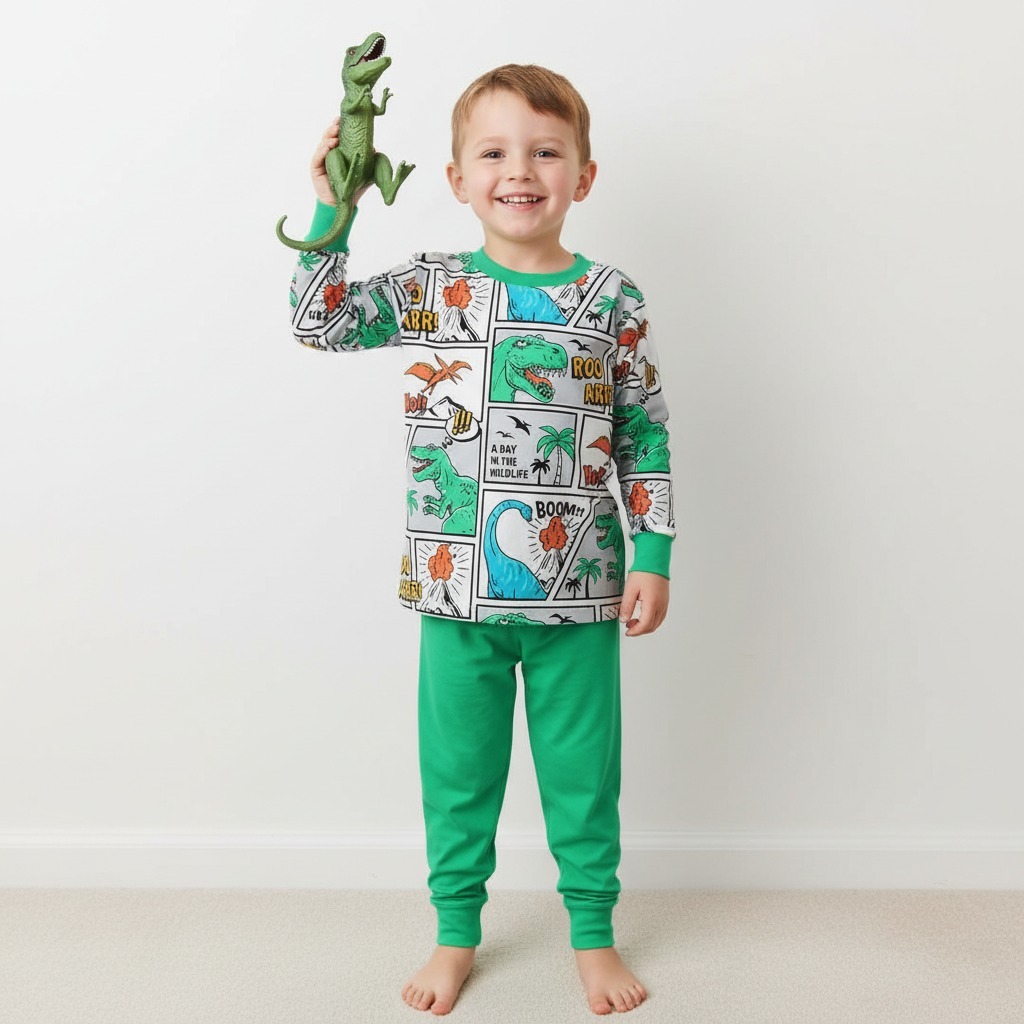 Dinosaur Cartoons Two-Piece Pajama Set For Kids