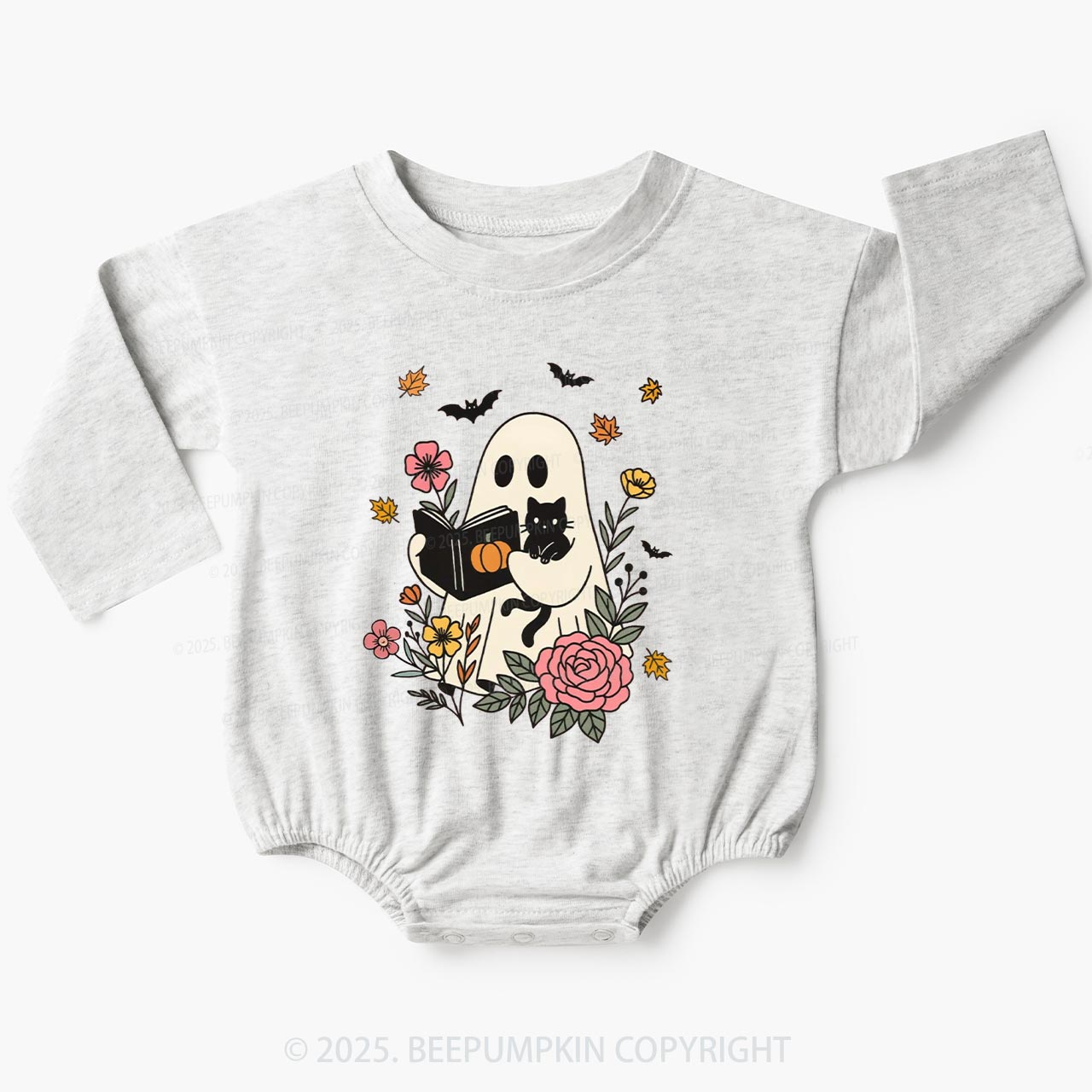 Ghost Reading Book-Cat Baby Bubble Romper Beepumpkin