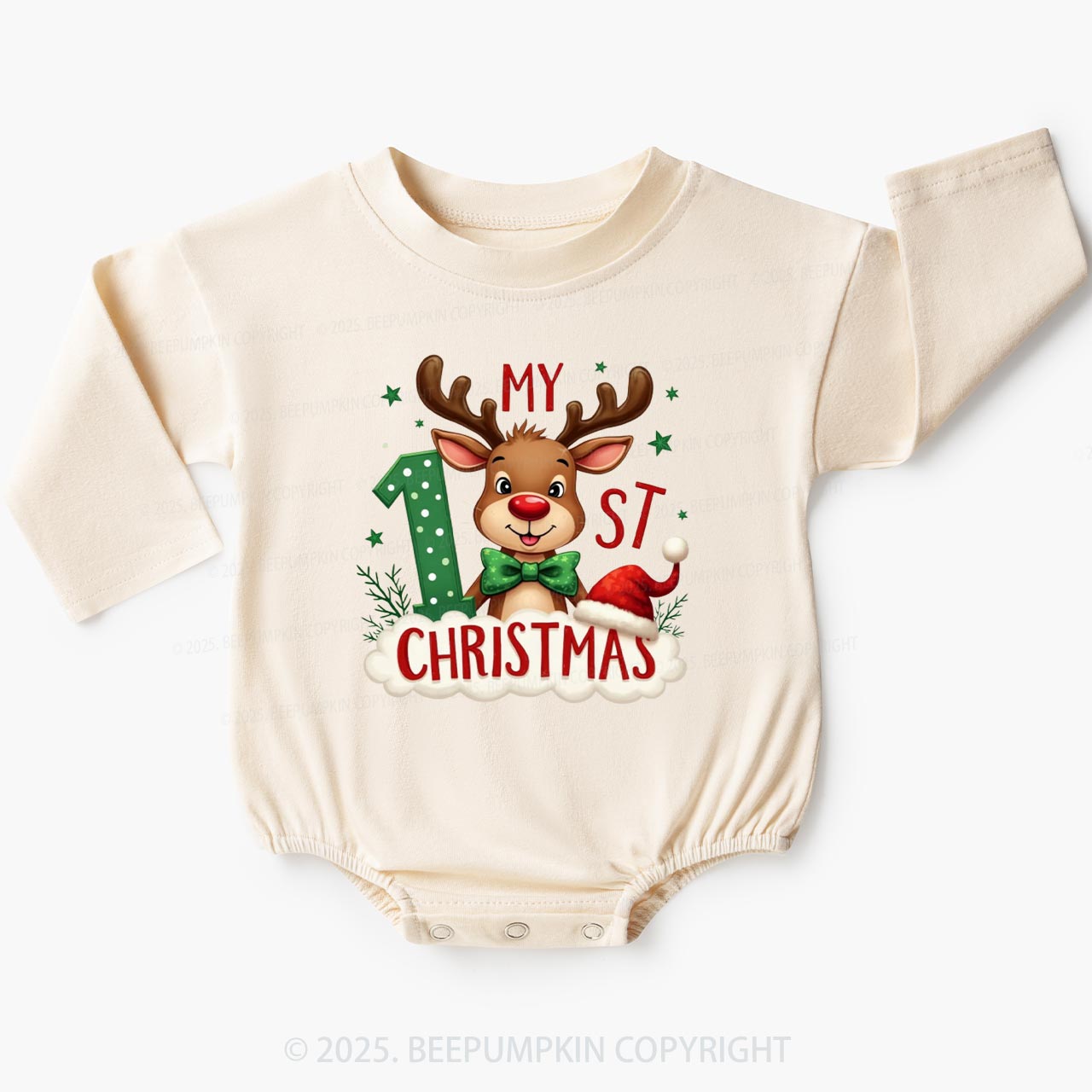 1st Christmas Cheer With Reindeer Baby Bubble Romper Beepumpkin