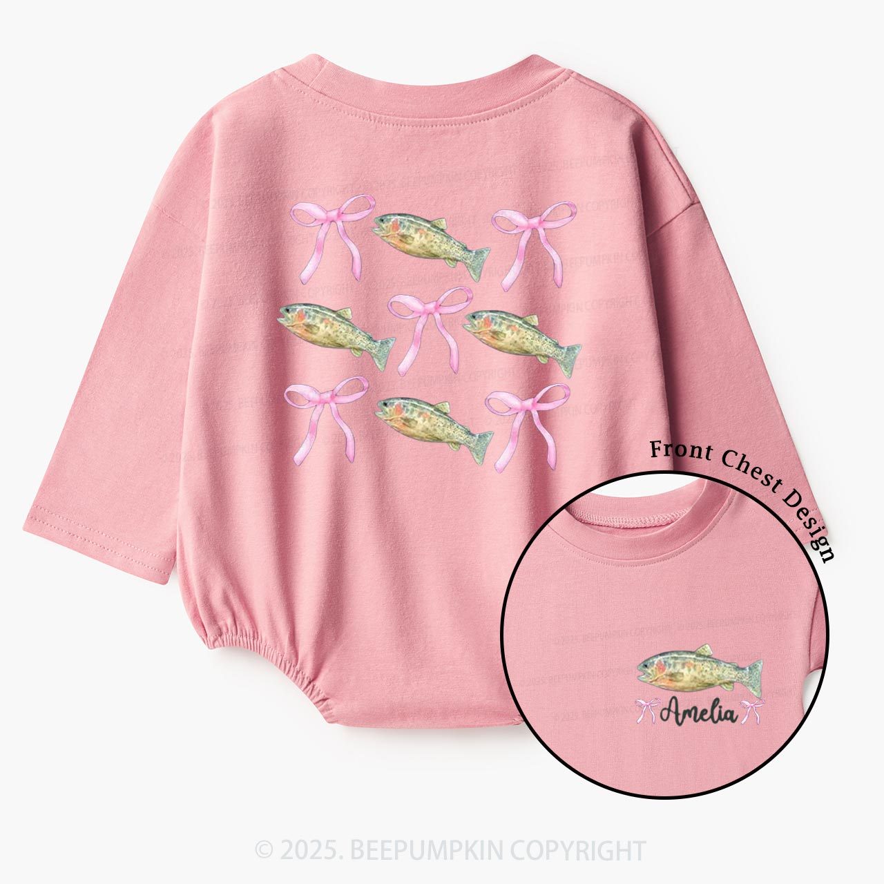 Personalized Pink Bow Fishing Baby Bubble Romper Beepumpkin