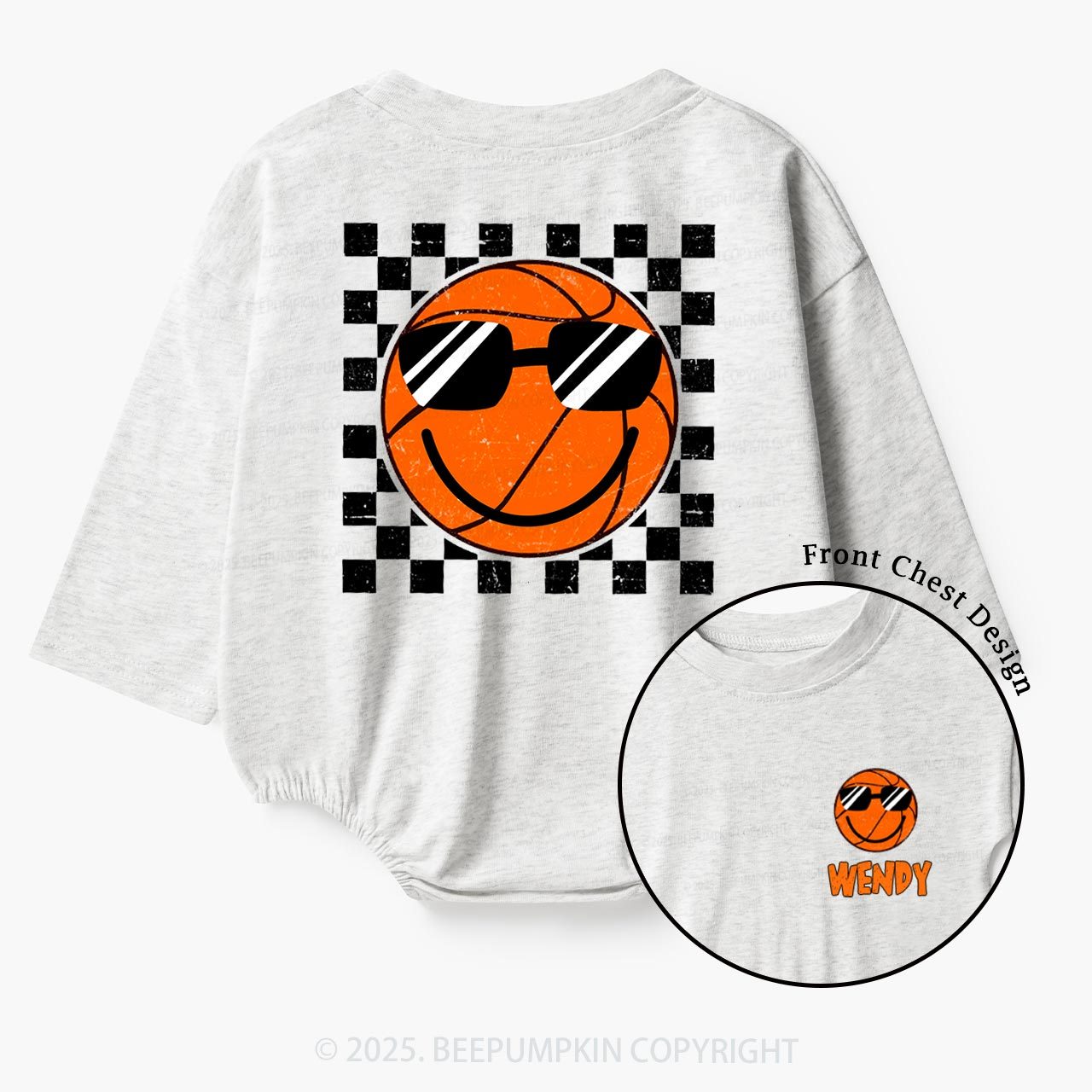 Personalized Smile Face Basketball Baby Bubble Romper Beepumpkin