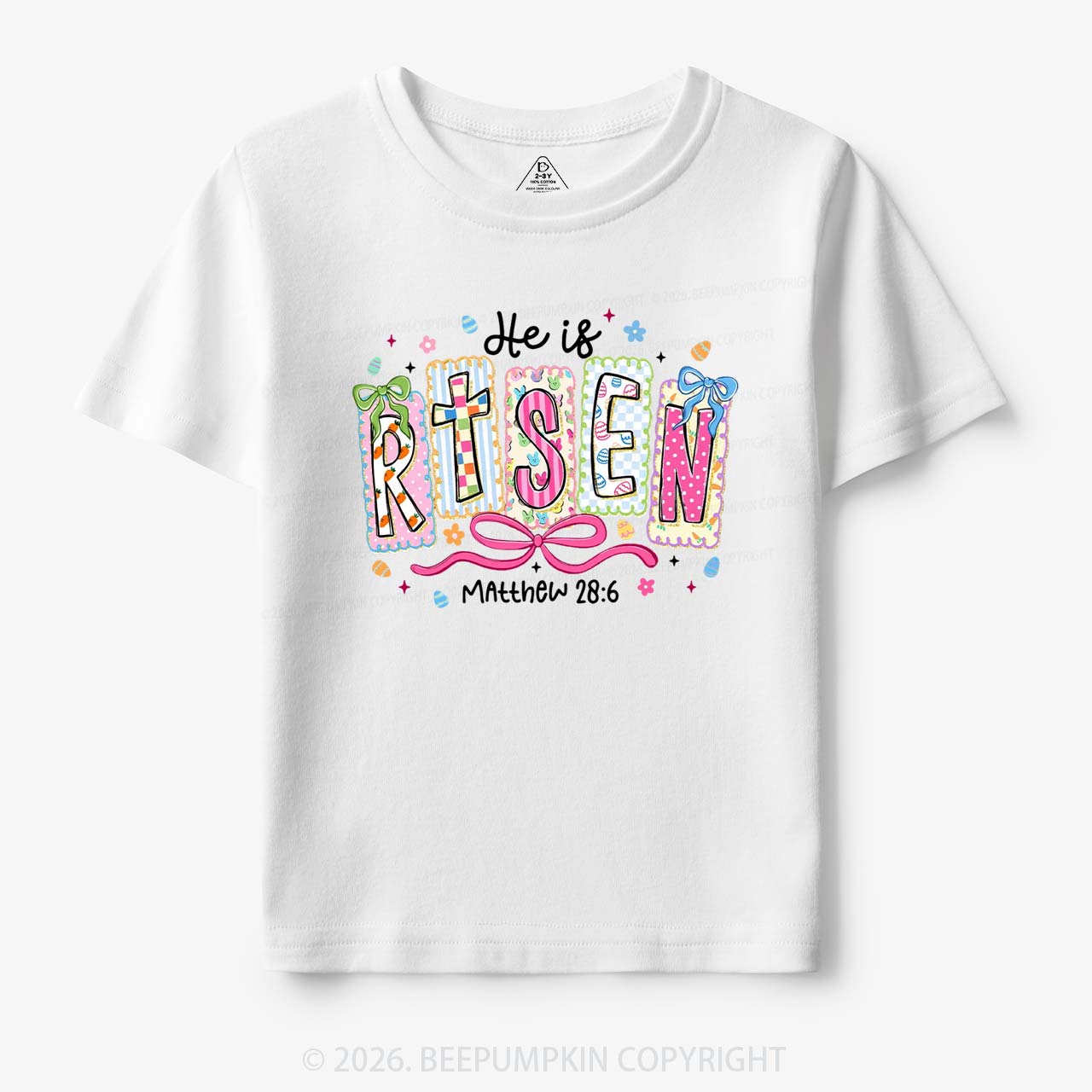 Easter Bow Lettering He Is Risen Toddler&Kids Tees