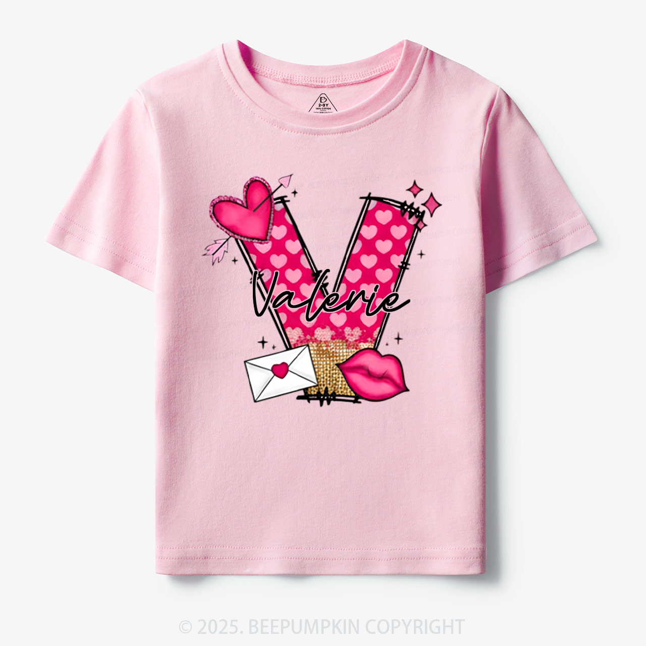 Personalized Valentine's Day Pink Hearts Toddler&Kid's Tees Beepumpkin