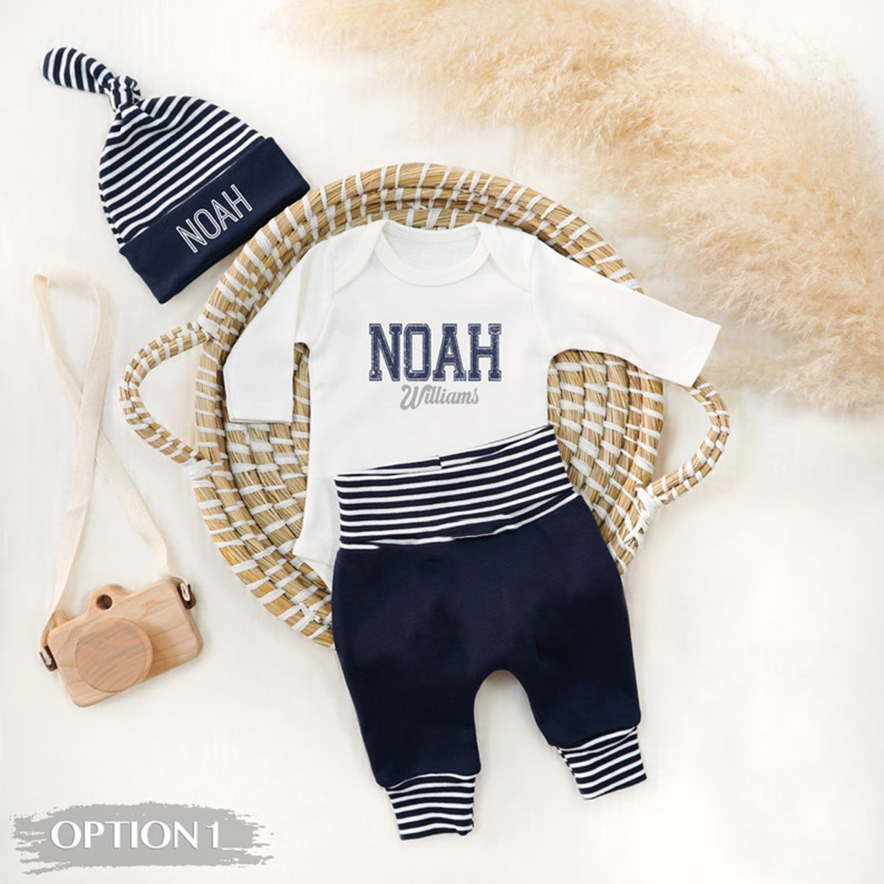 Navy Blue Striped Personalized With Name Coming Home Outfit Sets