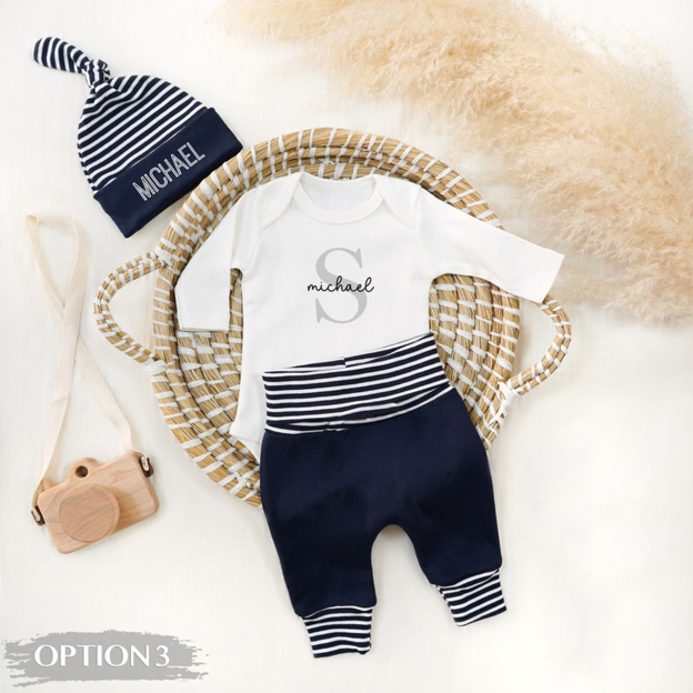 Navy Blue Striped Personalized With Name Coming Home Outfit Sets