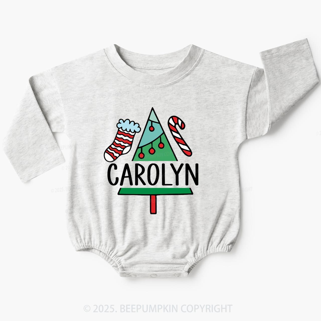 Personalized Hand Drawn Christmas Name Baby Bubble Romper Beepumpkin