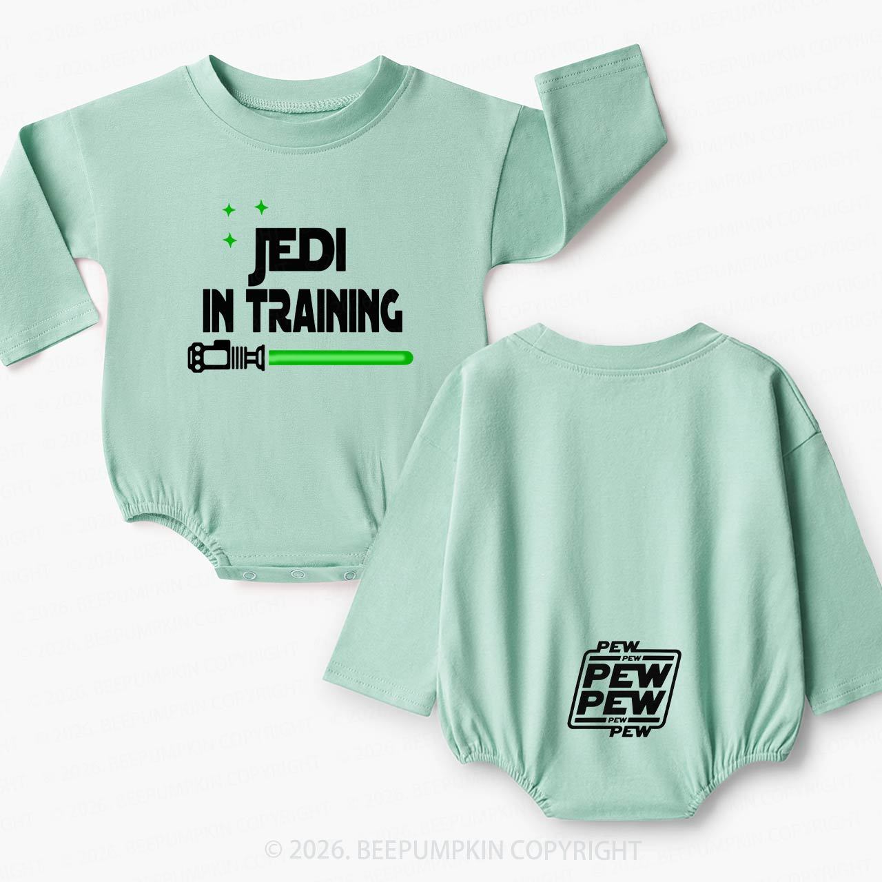 Back on the Butt Says PEW PEW PEW Baby Bubble Romper