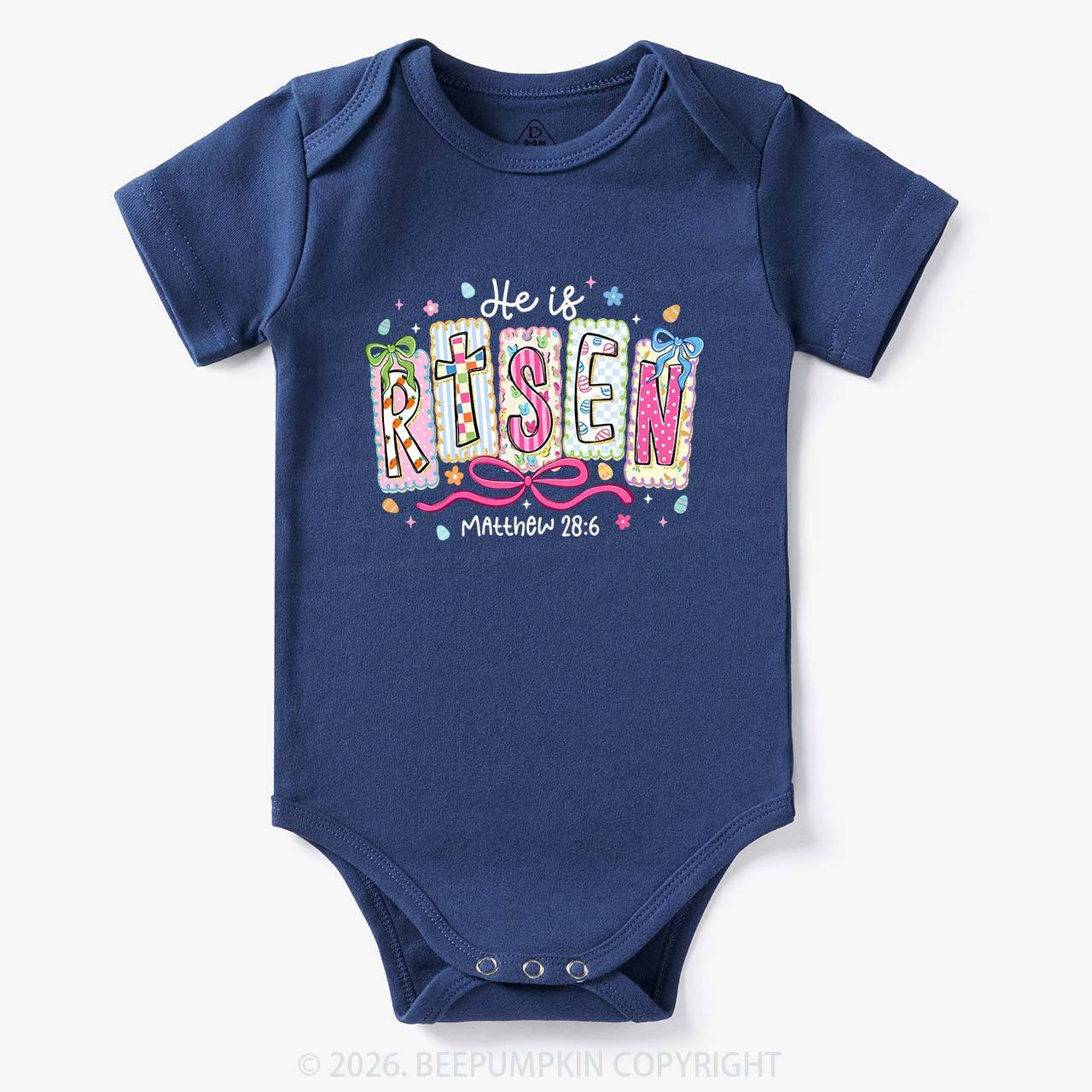 Easter Bow Lettering He Is Risen Baby Bodysuit