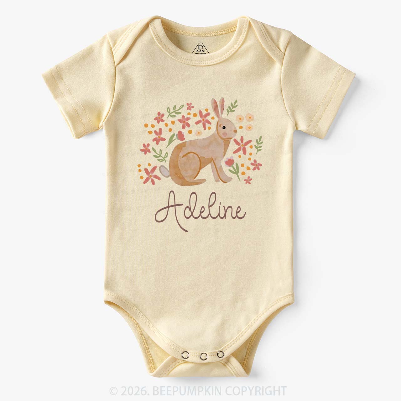 Personalized Watercolor Bunny Blooms Baby Bodysuit