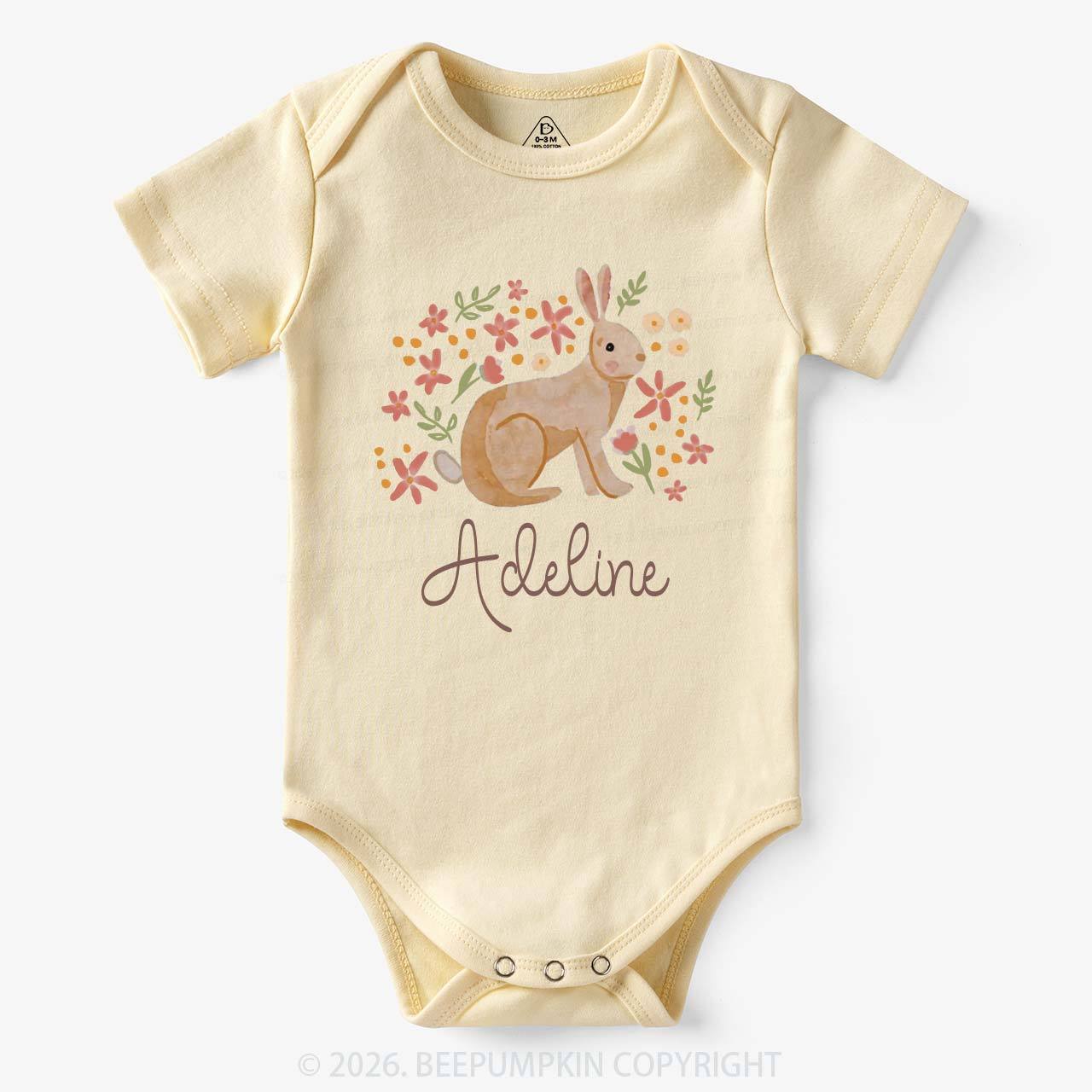 Personalized Watercolor Bunny Blooms Baby Bodysuit