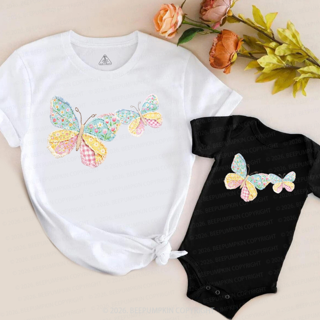 Faux Patchwork Butterfly Mama Mini Mom&Me Matching T-Shirts