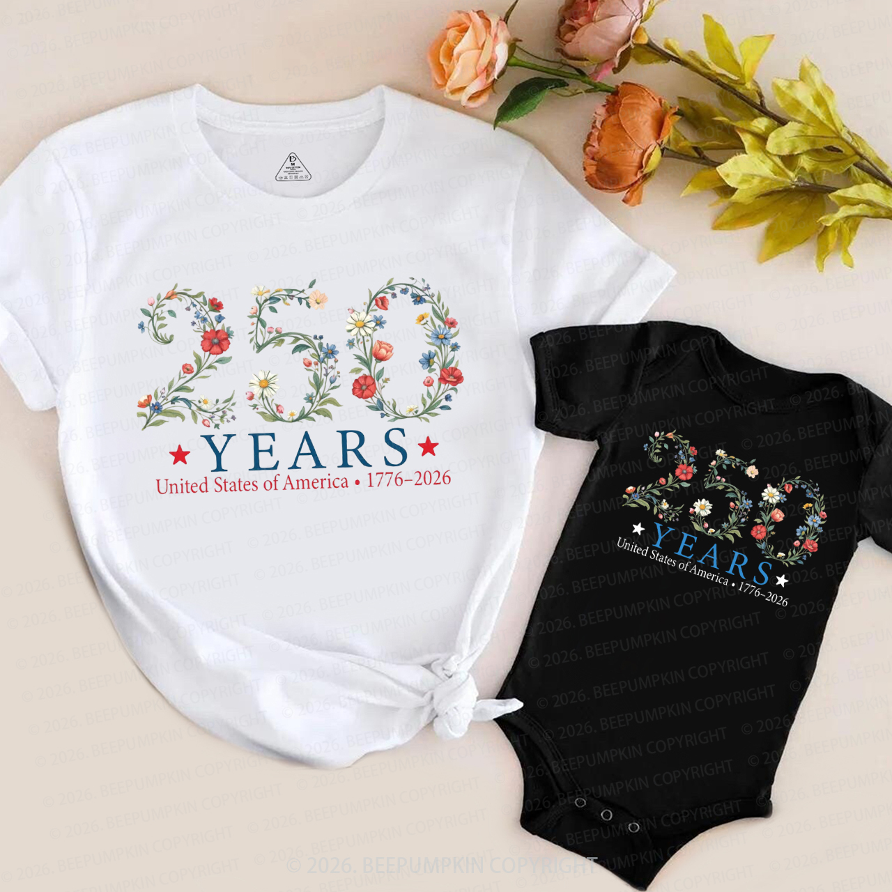 USA 250th Anniversary Floral Mom&Me Matching T-Shirts