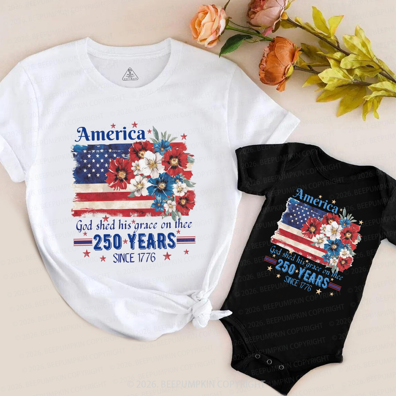 America 250 Years Flag Floral Mom&Me Matching T-Shirts