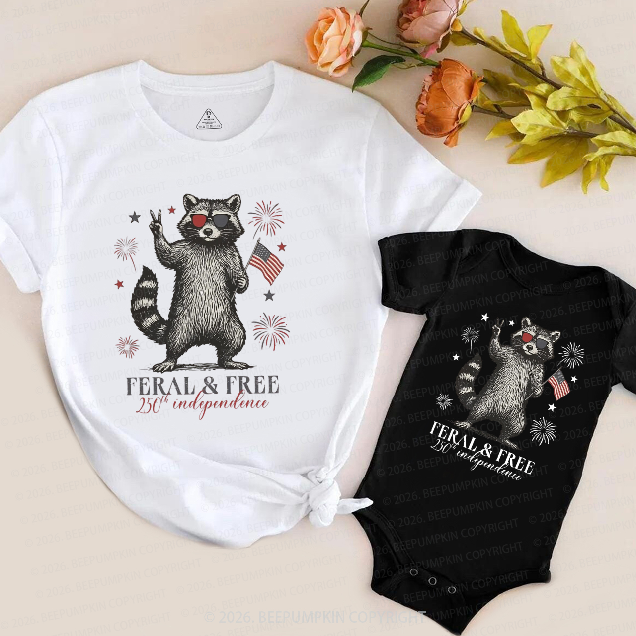 Feral but Free Patriotic Raccoon America 250th Mom&Me Matching T-Shirts